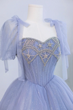 Blue Tulle Beaded Floor Length Prom Dress, A Line Short Sleeve Evening Party Dress HZ0527