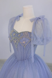 Blue Tulle Beaded Floor Length Prom Dress, A Line Short Sleeve Evening Party Dress HZ0527