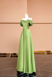 Green Satin Floor Length Prom Dress, Off the Shoulder Evening Party Dress HZ0527
