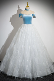 A Line Tulle Lace White Blue Long Prom Dress, White Blue Long Evening Dress HZ0527