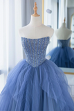 Blue Strapless Tulle Sequins Long Prom Dress, Beautiful A Line Formal Party Dress HZ0527
