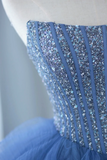 Blue Strapless Tulle Sequins Long Prom Dress, Beautiful A Line Formal Party Dress HZ0527