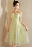 Light Green Tulle Beaded Short Evening Dress, Green Tulle Prom Dress HZ0527
