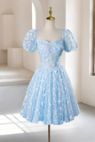 A Line Puff Sleeves Tulle Lace Blue Short Prom Dress, Blue Homecoming Dress HZ0527