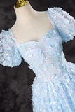 A Line Puff Sleeves Tulle Lace Blue Short Prom Dress, Blue Homecoming Dress HZ0527