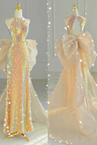 Unique Halter A Line Prom Dress, Open Back Evening Gown With Bowknot HZ0527