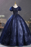 Blue Tulle Sequins Long Formal Dress, A Line Short Sleeve Evening Party Dress HZ0527
