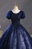 Blue Tulle Sequins Long Formal Dress, A Line Short Sleeve Evening Party Dress HZ0527