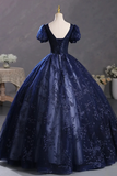 Blue Tulle Sequins Long Formal Dress, A Line Short Sleeve Evening Party Dress HZ0527