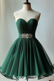 Dark Green Beaded Chiffon Knee Length Party Dress, Green Homecoming Dress HZ0527