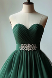 Dark Green Beaded Chiffon Knee Length Party Dress, Green Homecoming Dress HZ0527
