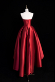 A Line Satin Short Prom Dress, Burgundy Strapless High Low Party Dress HZ0527
