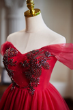 A Line Off Shoulder V Neck Tulle Burgundy Short Prom Dress with Beads HZ0527