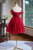 A Line Off Shoulder V Neck Tulle Burgundy Short Prom Dress with Beads HZ0527