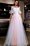Blue And Pink Off Shoulder Floor Length With Lace Applique Party Dress, Pink Formal Dress Prom Dress HZ0527