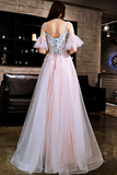 Blue And Pink Off Shoulder Floor Length With Lace Applique Party Dress, Pink Formal Dress Prom Dress HZ0527