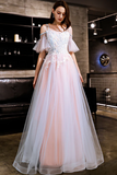 Blue And Pink Off Shoulder Floor Length With Lace Applique Party Dress, Pink Formal Dress Prom Dress HZ0527