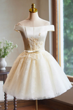 Cute Tulle Lace Knee Length Prom Dress, Champagne Off the Shoulder Evening Party Dress HZ0527