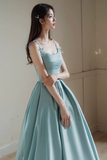 Chic Blue Satin A Line Straps Beaded Long Evening Dress, Blue Satin Prom Dress HZ0527