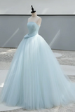 A Line Satin Tulle Blue Long Prom Dress, Blue Long Formal Dress HZ0527