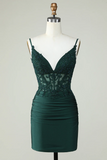 Spaghetti Straps Dark Green Corset Homecoming Dress With Appliques HZ0527