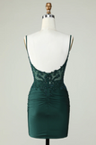 Spaghetti Straps Dark Green Corset Homecoming Dress With Appliques HZ0527