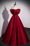 Burgundy Satin Floor Length Prom Dress, A Line Off the Shoulder Evening Party Dress HZ0527