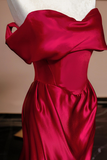 Wine Red Satin Off Shoulder Evening Dress, Wine Red Long Party Dress HZ0527