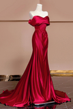 Wine Red Satin Off Shoulder Evening Dress, Wine Red Long Party Dress HZ0527
