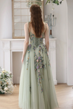 A Line Tulle Beads Green Long Prom Dress, Green Long Formal Dress HZ0527