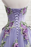 Lavender Tulle with Flower and Lace Sweet 16 Dress, Lavender Long Party Dress HZ0527