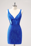 Royal Blue Corset V Neck Beaded Tight Short Homecoming Dress HZ0527