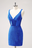 Royal Blue Corset V Neck Beaded Tight Short Homecoming Dress HZ0527