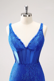 Royal Blue Corset V Neck Beaded Tight Short Homecoming Dress HZ0527
