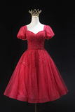 Burgundy Tulle Beaded Knee Length Party Dress, A Line Short Sleeve Evening Party Dress HZ0527