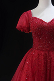 Burgundy Tulle Beaded Knee Length Party Dress, A Line Short Sleeve Evening Party Dress HZ0527