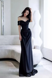 Elegant Black Off Shoulder Long Formal Gown, Black Satin Prom Dress Party Dress HZ0527