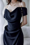 Elegant Black Off Shoulder Long Formal Gown, Black Satin Prom Dress Party Dress HZ0527