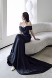 Elegant Black Off Shoulder Long Formal Gown, Black Satin Prom Dress Party Dress HZ0527
