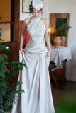 Elegant Lace and Satin Halter Long Wedding Party Dress, Long Formal Gowns HZ0527