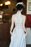 Elegant Lace and Satin Halter Long Wedding Party Dress, Long Formal Gowns HZ0527