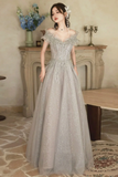 Cute A Line Light Grey Off Shoulder Shiny Tulle Prom Dress, Light Grey Party Dress HZ0527