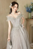 Cute A Line Light Grey Off Shoulder Shiny Tulle Prom Dress, Light Grey Party Dress HZ0527
