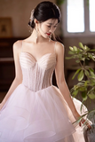 Pink and White Tulle Beaded Layers Sweet 16 Dress, Tulle Long Prom Dress HZ0527