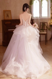 Pink and White Tulle Beaded Layers Sweet 16 Dress, Tulle Long Prom Dress HZ0527