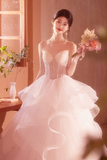 Pink and White Tulle Beaded Layers Sweet 16 Dress, Tulle Long Prom Dress HZ0527