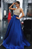 A-Line Halter Backless Sweep Train Royal Blue Prom Dress with Beading Pockets HZ0527