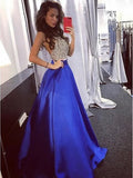 A-Line Halter Backless Sweep Train Royal Blue Prom Dress with Beading Pockets HZ0527