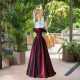 Black and Red Off Shoulder Satin Long Prom Dress, Off the Shoulder Party Dress HZ0527