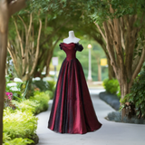 Black and Red Off Shoulder Satin Long Prom Dress, Off the Shoulder Party Dress HZ0527